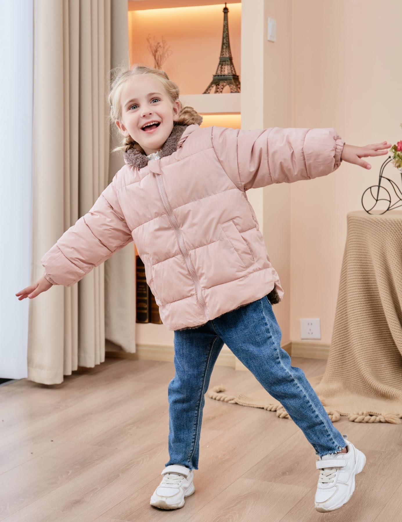 Enlifety Abrigo de forro polar de invierno para niños y niñas, con capucha y bolsillos para bebés de 6M-5T