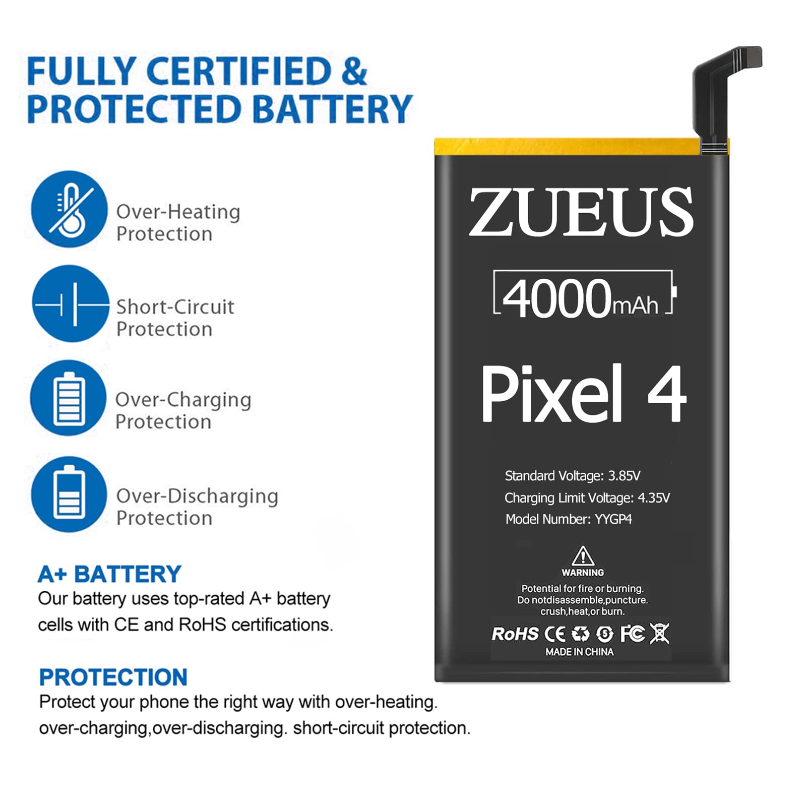 ZUEUS Google Pixel 4 Battery Upgraded 4000mAh Li-Polymer Battery Replacement for HTC Google Pixel 4 G020I-B with Screwdriver Tool Kit