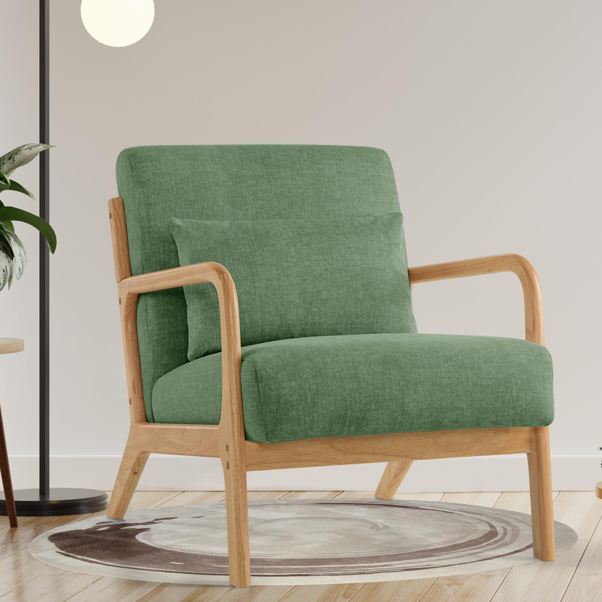 Lounge-Sessel, Akzentstuhl mit Kissen, Polstersessel mit Holzrahmen & Armlehnen, Moderner Lesesessel für Wohnzimmer, Schlafzimmer, Leseecke & Büro (81.5 x 63.5 x 74.5 cm, Grün)