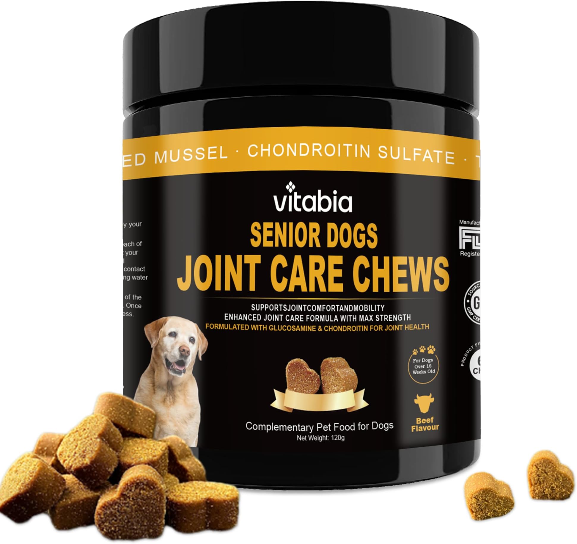 Senior Dog Joint Supplements with Glucosamine Chondroitin MSM - Hip & Joint Support for Dogs with Green Lipped Mussel, Turmeric, Omega 3 for Mobility & Comfort - Beef Flavour Dog Supplements