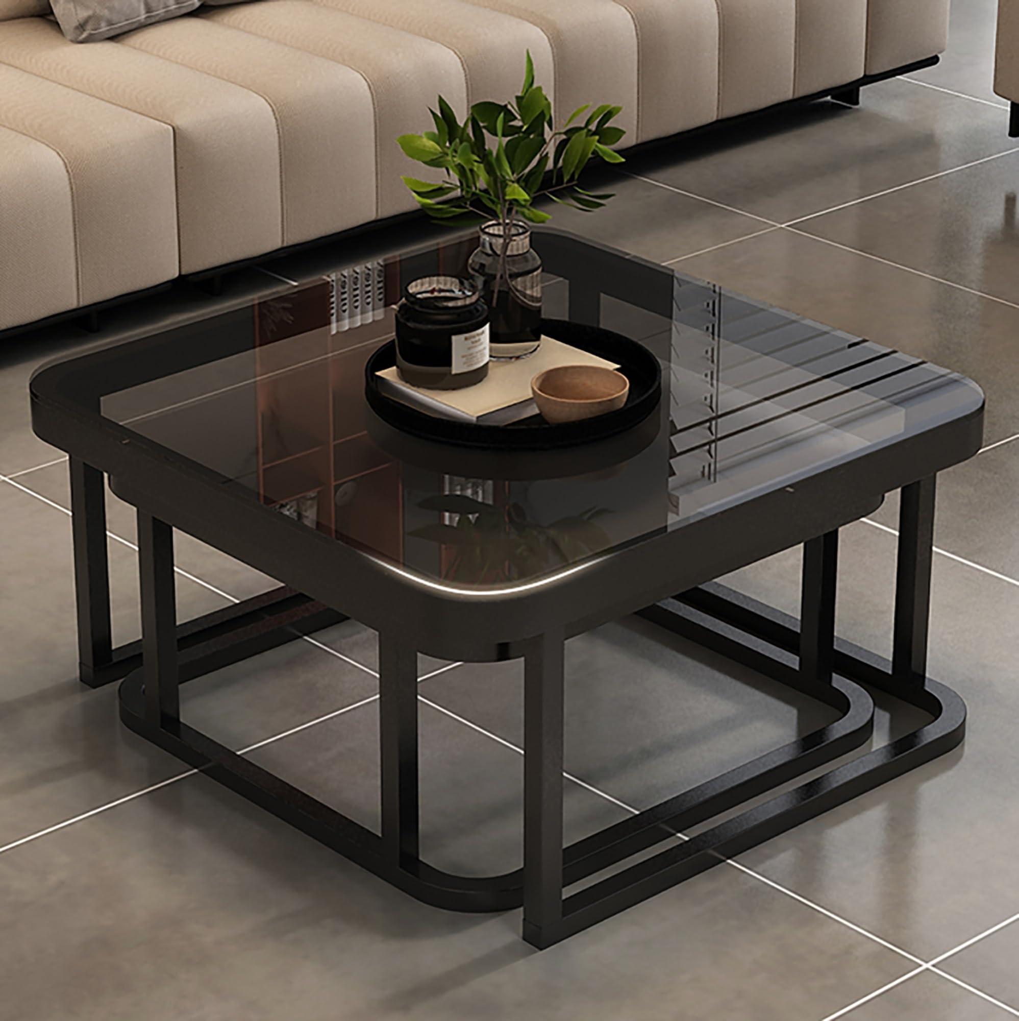 EUROSAKURA Quadratischer Couchtisch 2er Set – Modernes Nesting Tischset Aus Metall & Holz Für Wohnzimmer & Büro