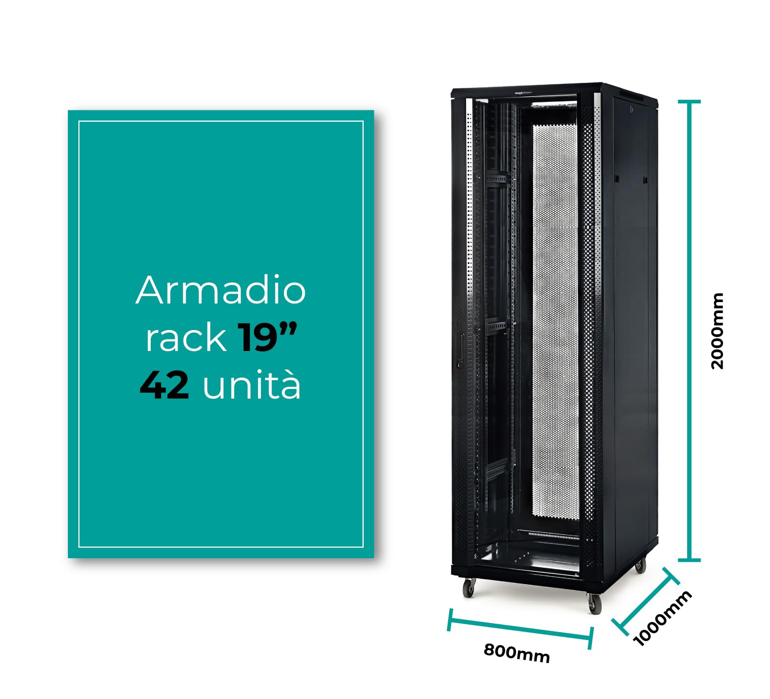 Armadio Rack 42U 800x1000x2000mm con 4 Ventole, 4 Ruote, 4 Montanti, Laterali Removibili, Nero per Server e Data Center (AR-42810FB) (42 unità / 1000 profondità / 800 larghezza)