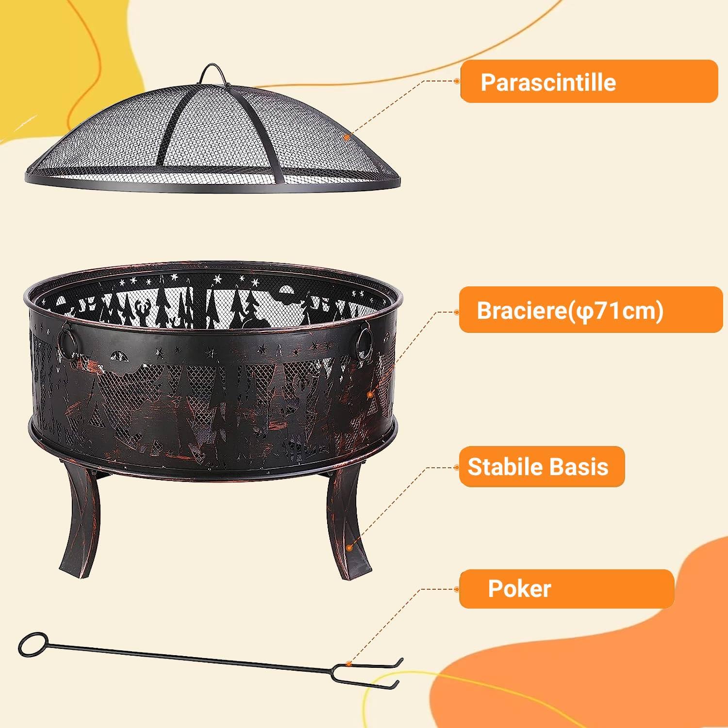TLGREEN Braciere da giardino, braciere da Esterno con parascintille, stabile, fire pit 71 x 65 cm, con griglia per poker, 4 PCS piede, campeggio, spiaggia, tetto, look retrò, squisito motivo alce