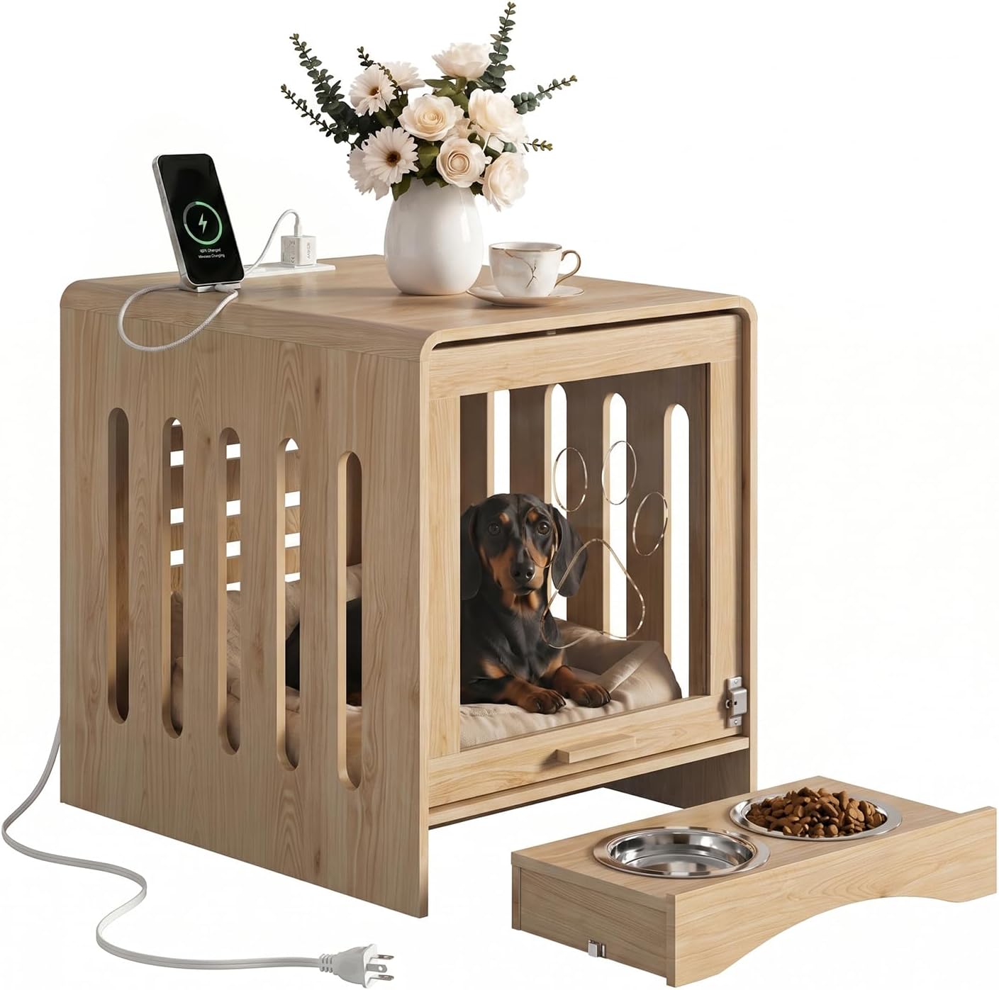 Furnaza Dog Crate Furniture Side Table with Adjustable Feeding Height