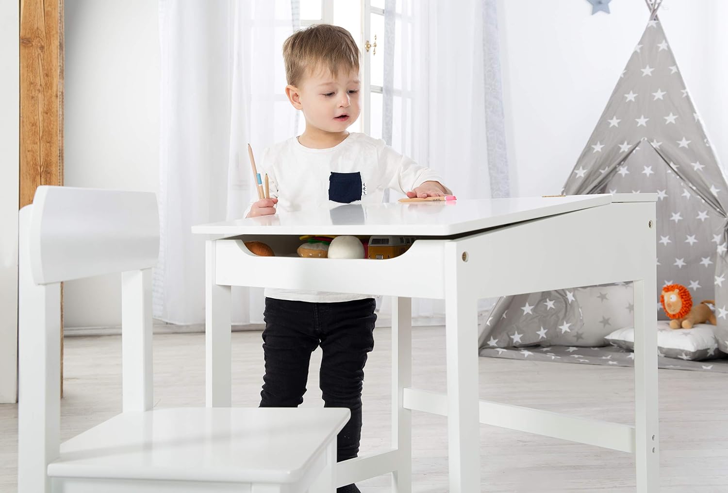 roba Wooden Children's School Desk with Chair - Openable Desk with Soft-Close Hinges and Grooved Pencil Sloth - Image 5