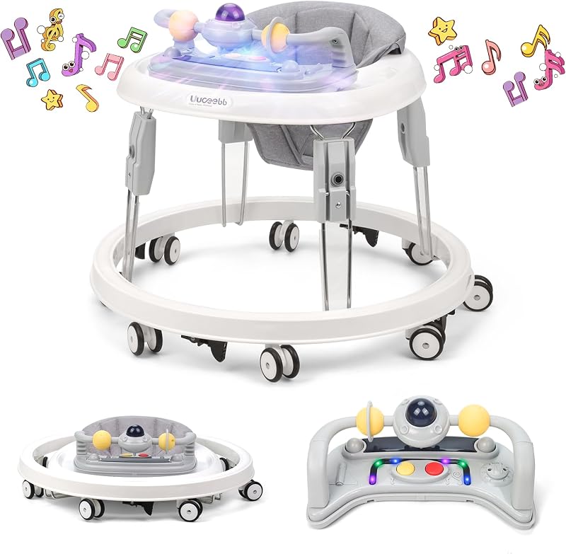 Baby Walker, Foldable Multi-Function Anti-Rollover Walker with Music Tray & Light, 7 Level Height Adjustable, Baby Walkers for 1 Year Olds Suitable for All Terrains (Grey)