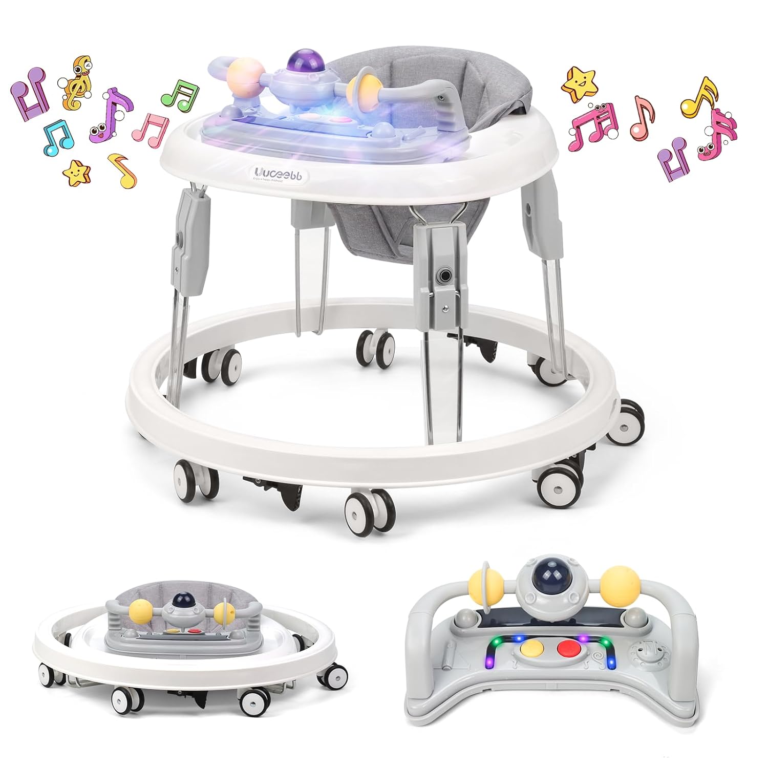 Baby Walker with Wheels,Music and Lights Baby Walker for Boys Girls 6-12 Months,Foldable Baby Walkers and Activity Center,Toddler Infant Walker with 7-Speed Height Adjustment,Detachable Plate,Gray