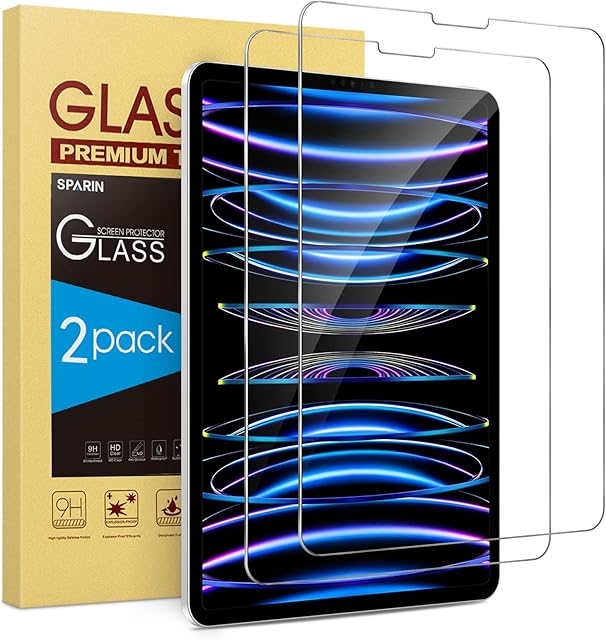 SPARIN 2 Pack Screen Protector for iPad Pro 12.9 Inch 2022/2021/2020/2018, 9H Hardness Tempered Glass, Work with Face ID/Apple Pencil