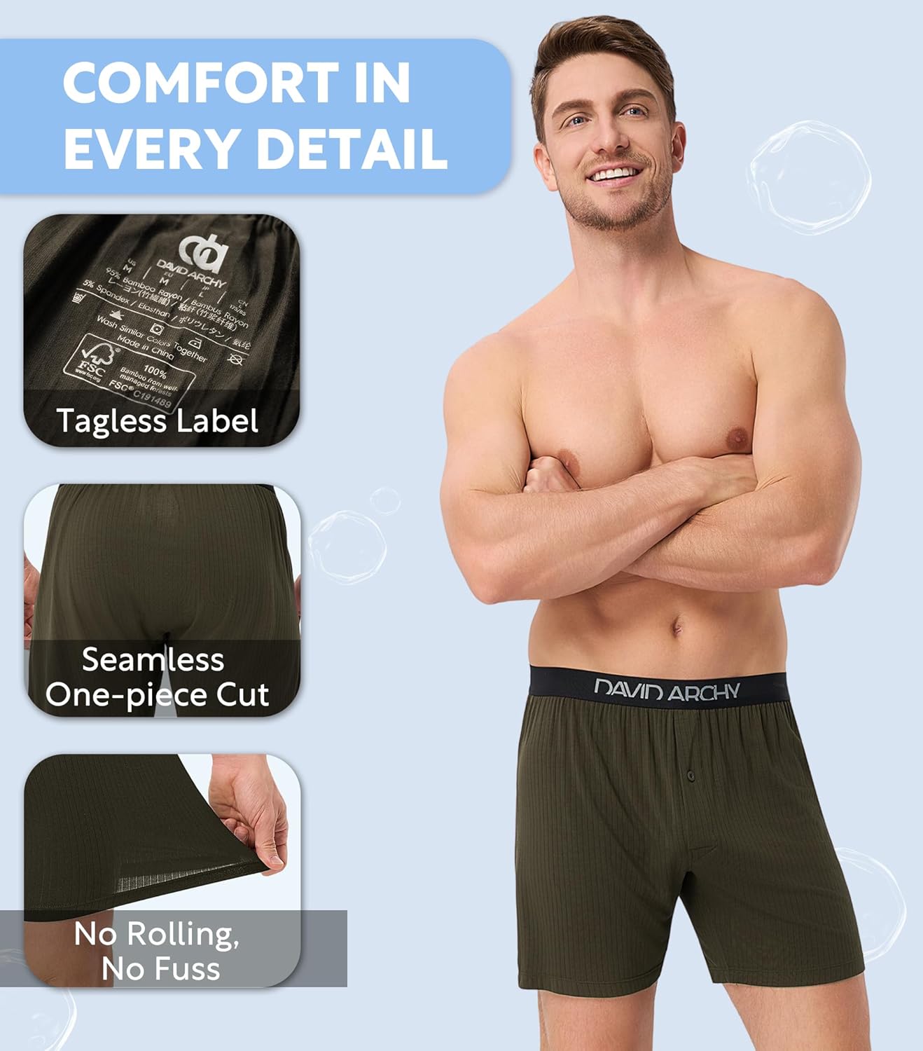 DAVID ARCHY Men's Underwear Bamboo Rayon Boxers Breathable Textured Knit Boxer Shorts Cooling Pajama Shorts 3 or 5 Pack - Image 2