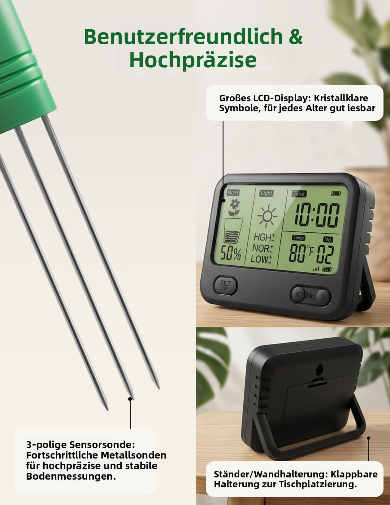 Humidimètre sans Fil pour Sol avec récepteur LCD – Capteur 3-en-1 à 3 sondes (humidité, température, lumière), portée RF de 230 Pieds, étanche, Longue autonomie (Sol 2 Capteurs)