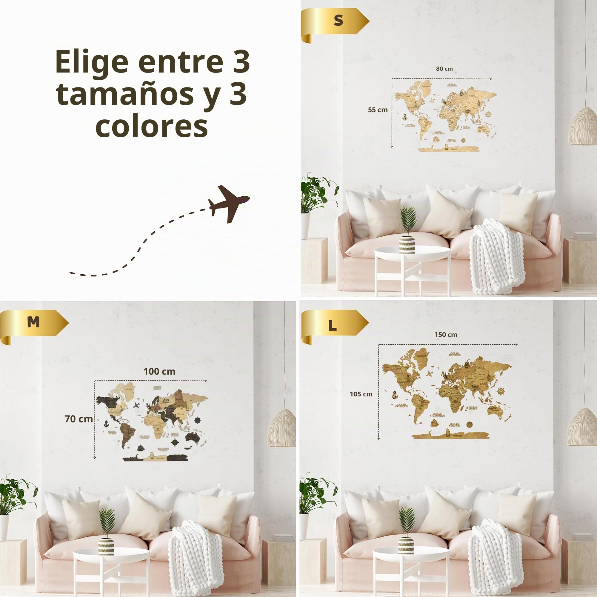 Creatifwood Mapa de Madera 2D para Pared – Mapamundi Decorativo | Planisferio de Pared | Decoración para Salón, Oficina o Dormitorio | Regalo para Viajeros (Dark, 80L x 55l cm)