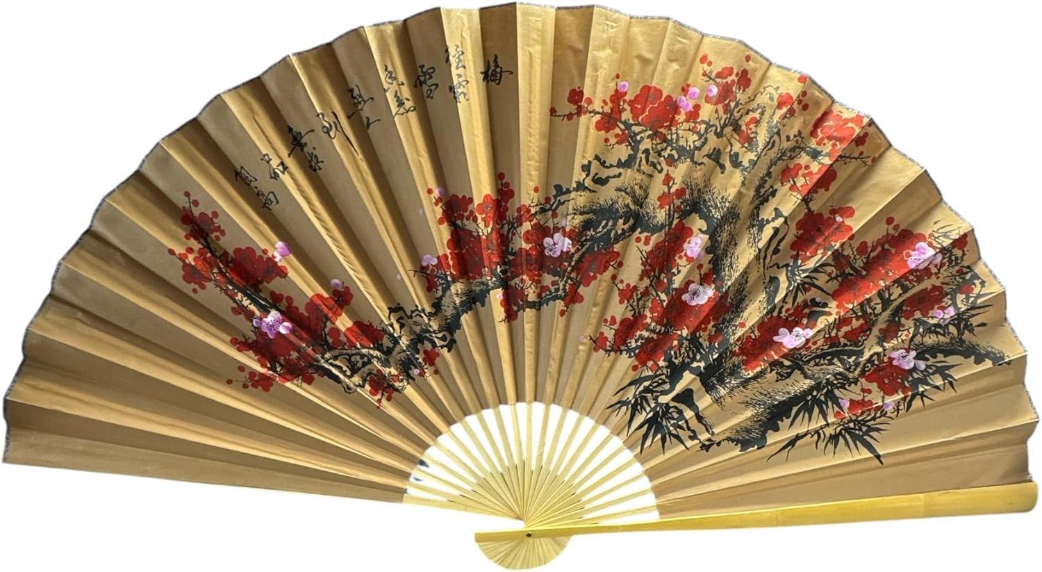 X-large 60 X 35 Tannish Brown Color Fan with Red & Fuchsia Cherry Blossom Flowers on a Branch Oriental Hanging Wall Art Fan with Bamboo Edge