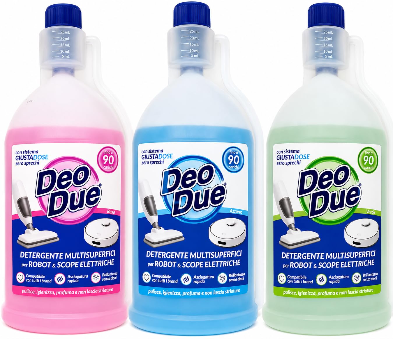 Detergente Multisuperfici per Robot Lavapavimenti e Scope Elettriche 900 ml, Kit 3 Fragranze Assortite Verde Blu Rosa, Compatibile con Tutti i Brand, Asciugatura Rapida, 3 Flaconi