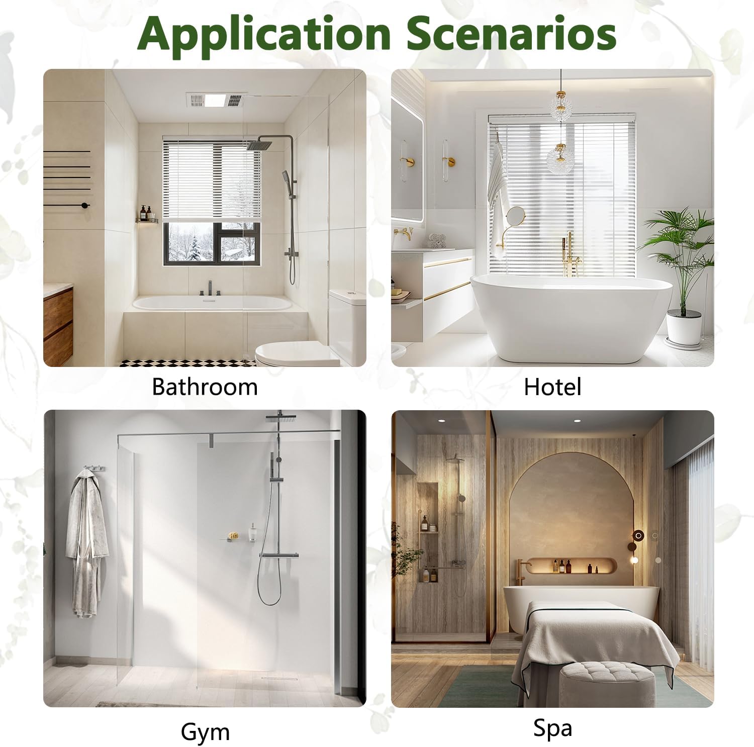 White Floral Green Leaves Shower Curtain and Liner Set, Green Eucalyptus Watercolor Flower Bathroom Curtains, Waterproof Fabric No Hook Shower Curtain with Mesh Top Window, Weighted Hem, 71x74 Inch