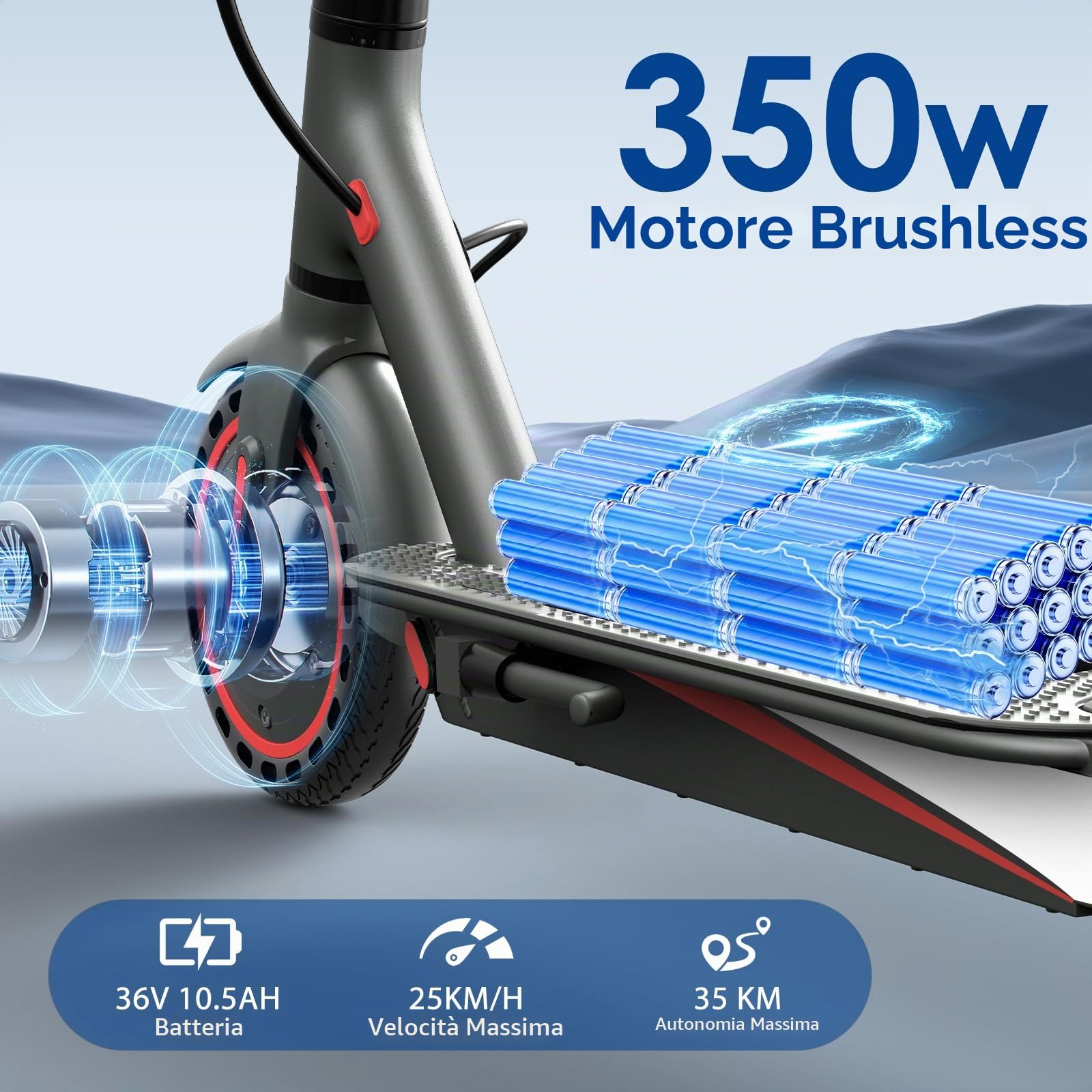 Monopattino Elettrico per Adulti, Pneumatici 10", Motore Potente 350W, Autonomia fino a 36 km, Velocità Massima 25 km/h, Doppio Sistema di Illuminazione e Freni a Tamburo, Controllo via App Smart