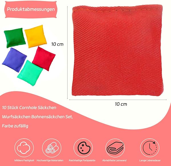 LATRAT Lot de 10 sacs de haricots Cornhole - Pour adultes - Pour jeux de jardin - 10 x 10 cm - Couleur aléatoire - 2