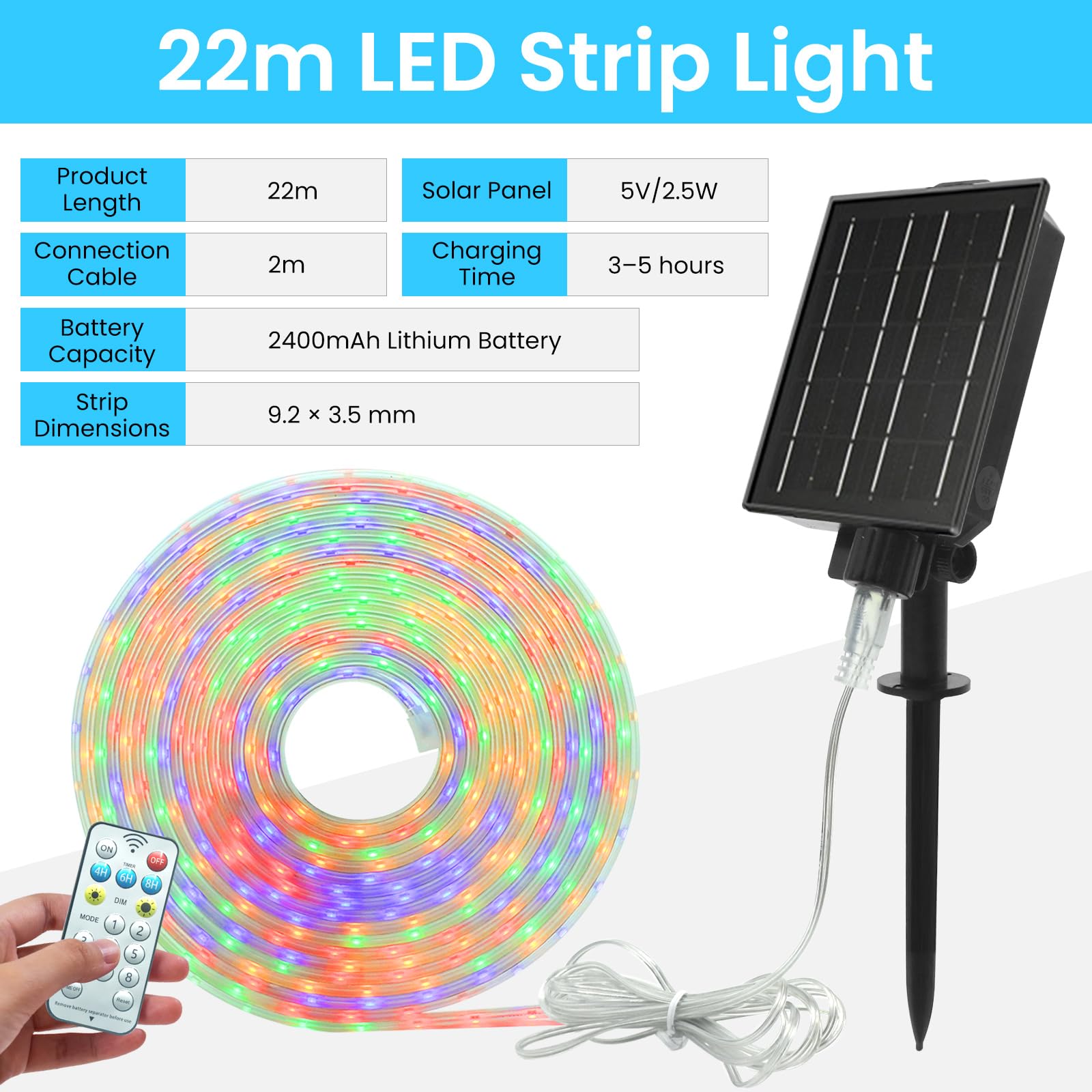 Solar LED Strip, Solarbetriebene 2835 SMD LED Streifen Außen, 8 Modi, 64Leds/m, Schneidbar, IP65 Wasserdicht Flex LED Leiste Lichtband Schlauch für Garten, Balkon, Treppe (Mehrfarbig, 20M)