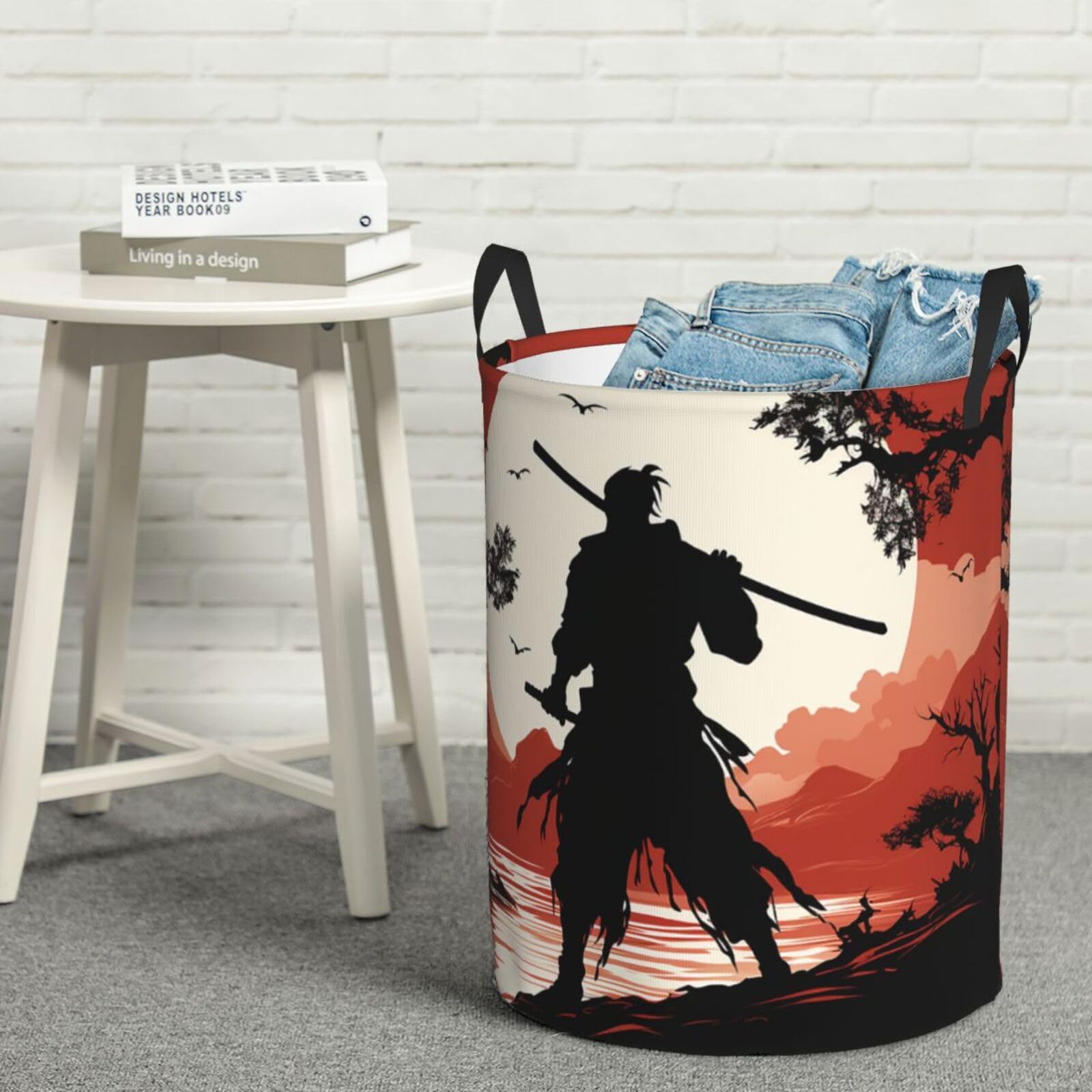 Fodpand Black Samurai Laundry Basket With Handle, Freestanding Laundry Hamper, Collapsible Dirty Clothes Hamper, Waterproof Fabric Blanket Storage Basket Tall Toy Storage Bin Room Decor Medium