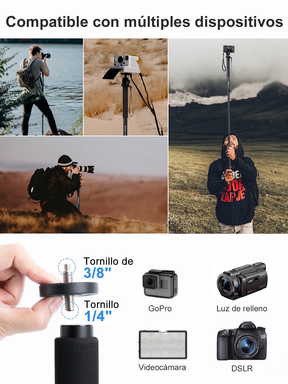 Moman MA65 Monopie Cámara Reflex, Monopod Viaje Ligero y Portáil para Vídeo Fotografia 50cm- 165cm Compatible para DSLR, Máxima Carga 10kg, Monopie-Cámara-Reflex-Vídeo-Fotografía