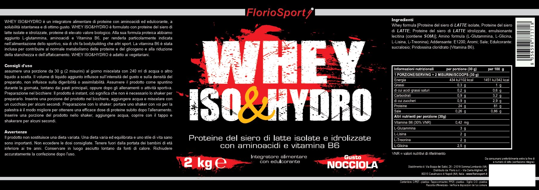 Proteine in Polvere | Whey Protein Iso & Hydro 2000 g FlorioSport | Proteine del Siero del Latte Isolate ed Idrolizzate per la Crescita e mantenimento della Massa Muscolare (Nocciola)