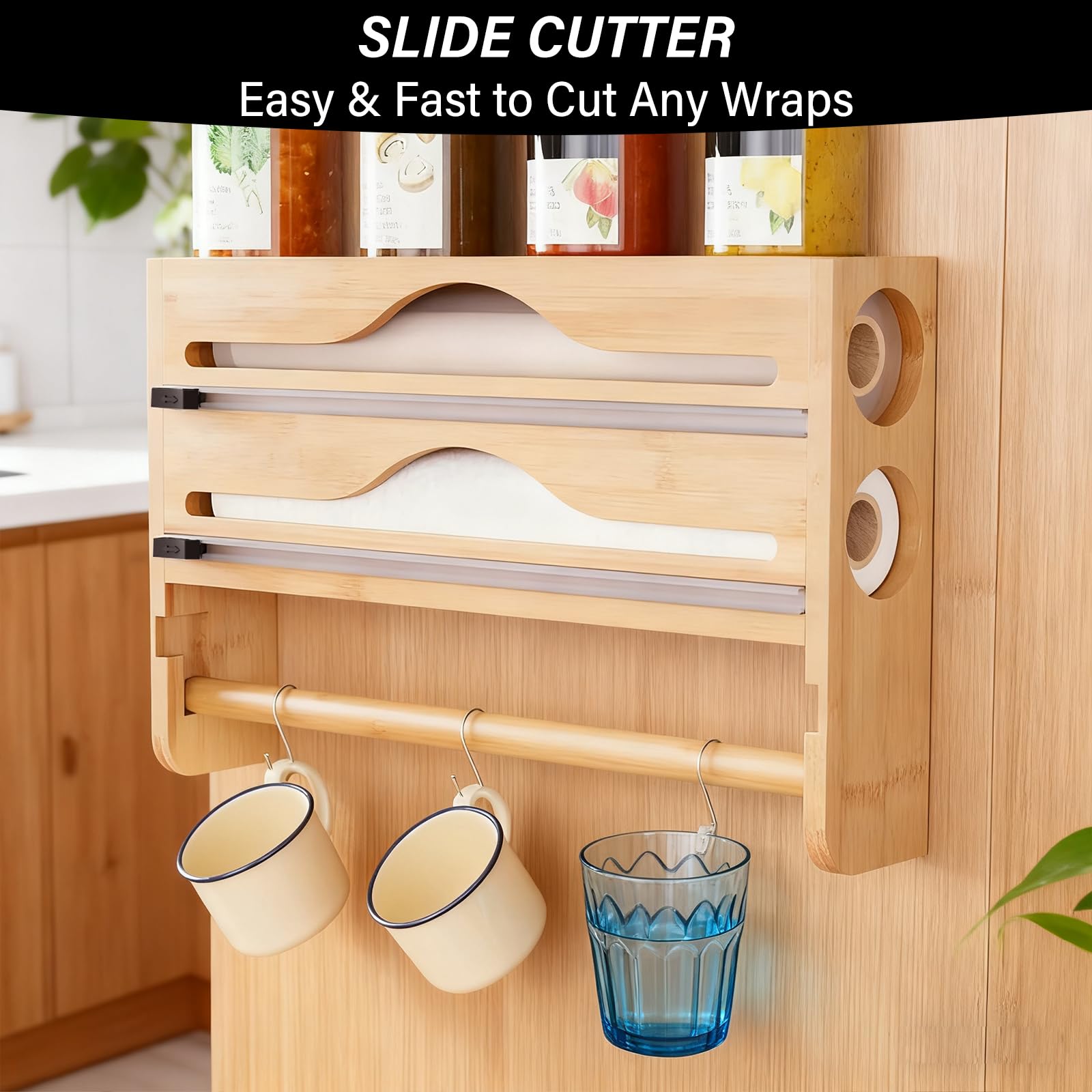 Dispensador de papel de aluminio 3 en 1 de madera con soporte para rollos de cocina, dispensador de papel film transparente de bambú, soporte para rollos de pared, dispensador de láminas adhesivas