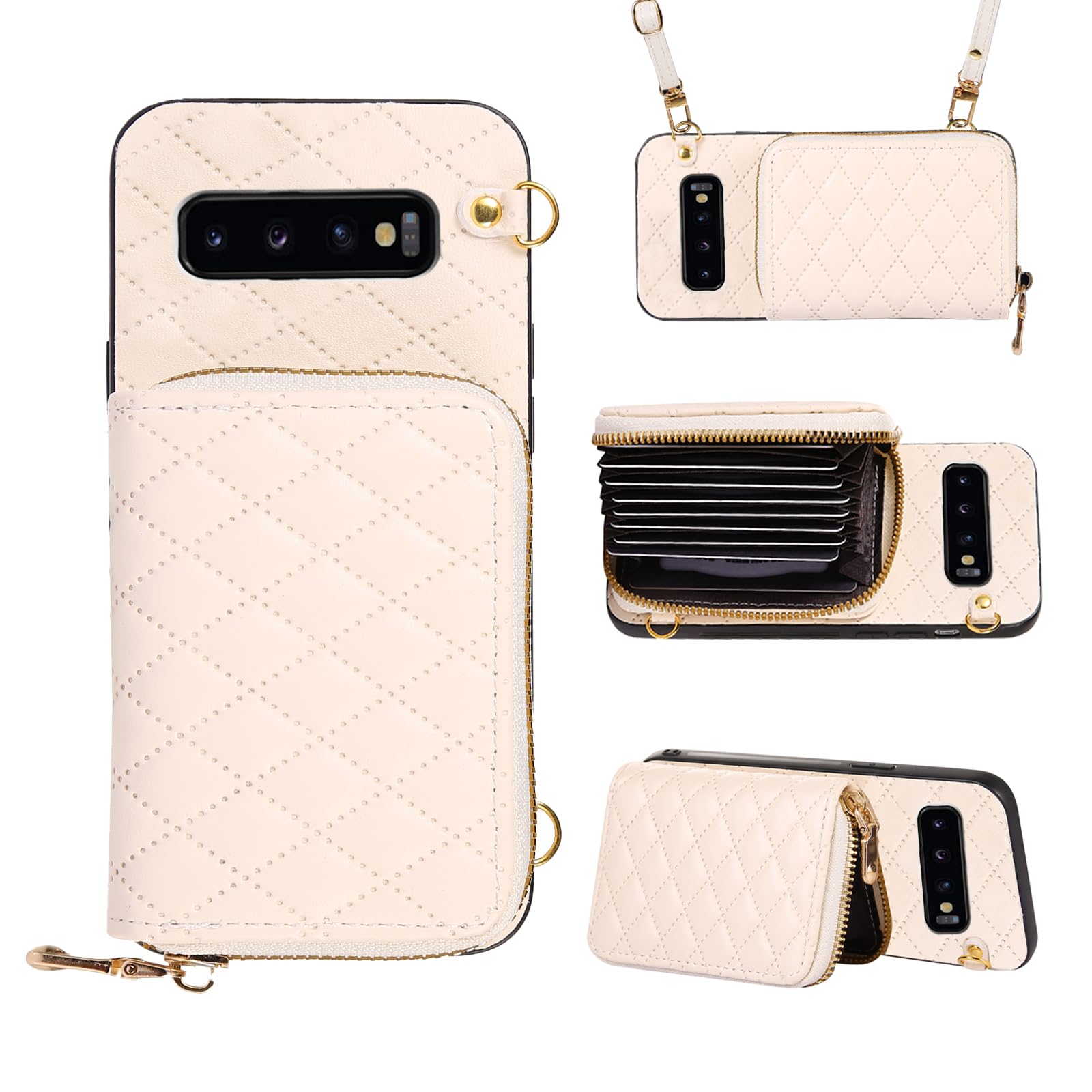 Furiet Detachable Crossbody Strap Wallet Case for Samsung Galaxy S10 Plus Zipper Purse, Multi Card Slots, PU Leather Stand Shockproof Cell Phone Cover for S10+ S10plus 10S Edge S 10 10plus Women Beige