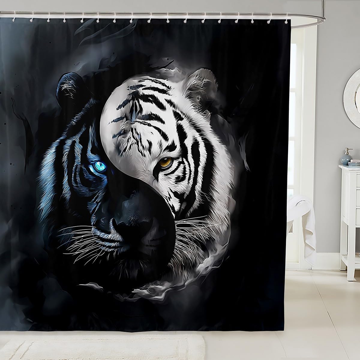 Manfei Black and White Tiger Kids Shower Curtains,Yin and Yang Chinese Tai Chi Bathroom Curtain,Wildlife African Wild Animal Home Decor,Black White Waterproof Curtains,12 Hooks Suits,72" W x 84" L