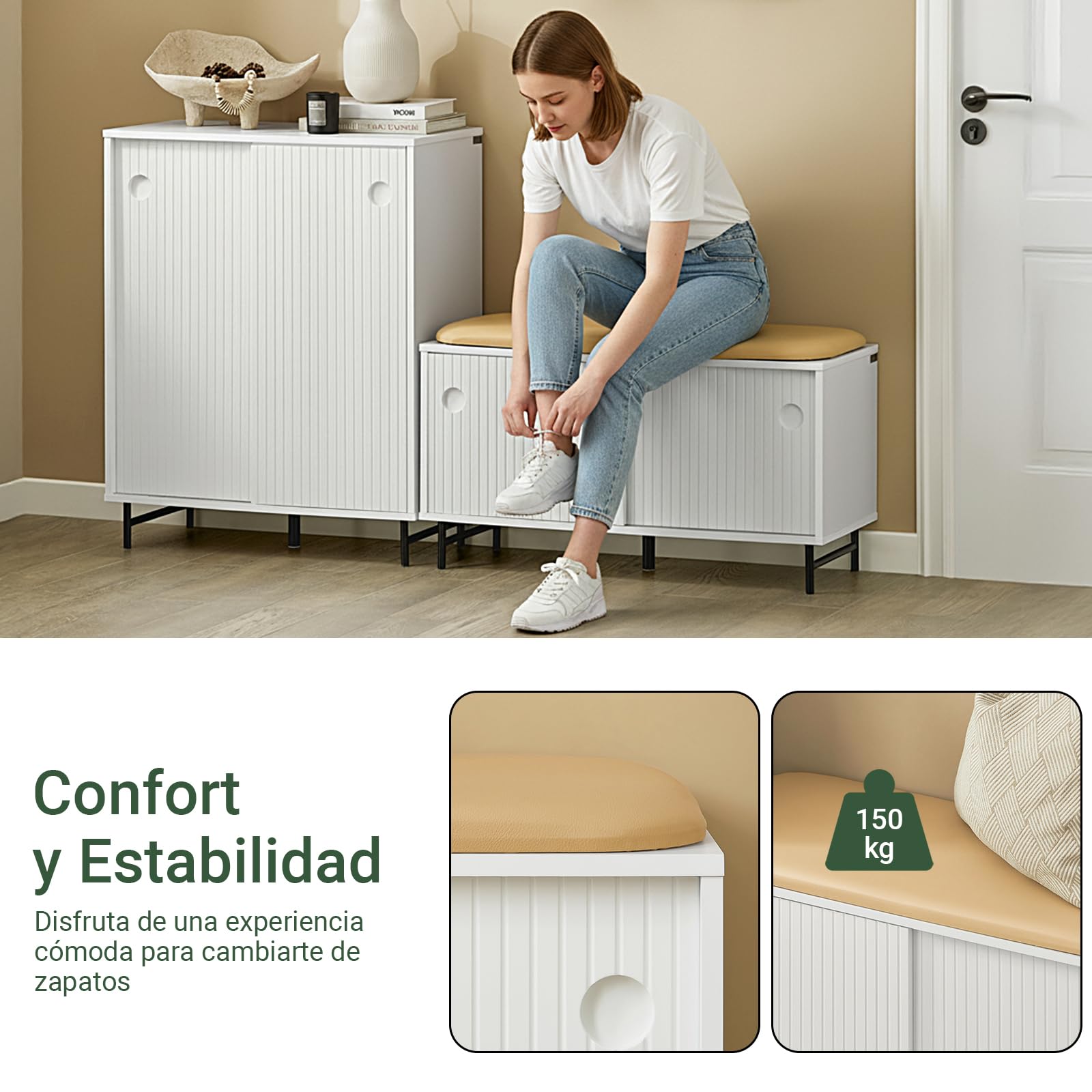 SoBuy FSR116-W Banco Zapatero con Puertas Correderas Armario Multifuncional para Entrada con Estantes 85 x 37 x 49 cm Blanco ES