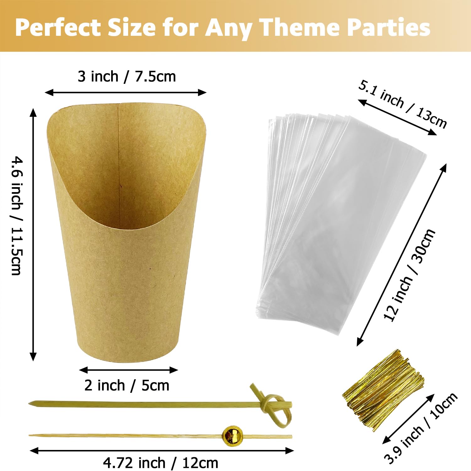 CAMKYDE 50 juegos de vasos desechables para charcutería con palitos y bolsas, 12 onzas de papel kraft marrón para aperitivos, aperitivos, soporte para patatas fritas con palillos de cóctel (50 tazas +