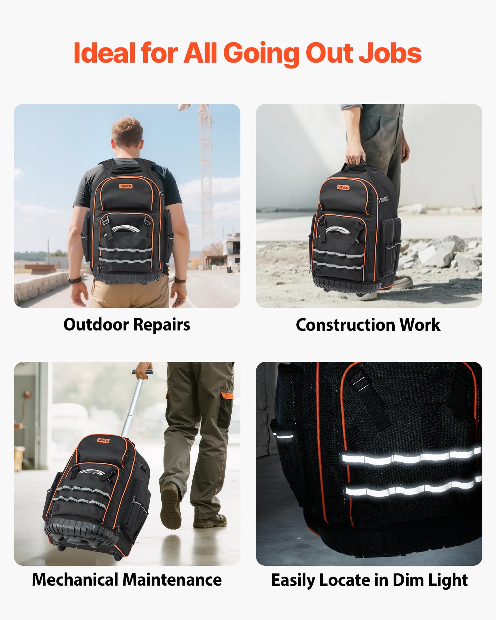 VEVOR Mochila con Ruedas de 450 x 275 x 560 mm Capacidad de Carga de 50 kg Mochila de Herramientas Resistente con 72 Bolsillos, Asa Telescópica Ajustable y Base Estable para Construcción y Mecánico