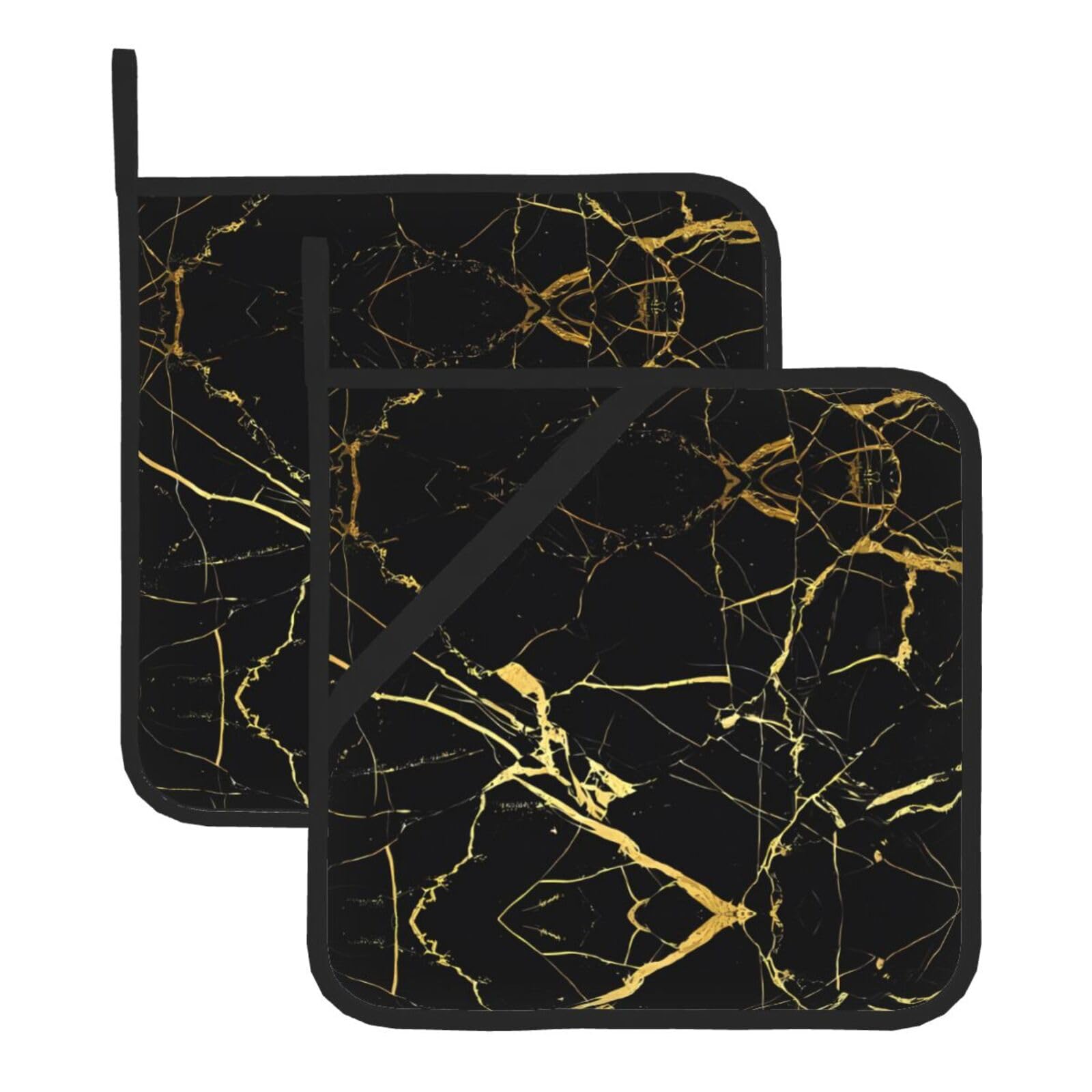YYHWHJDE Black Gold Marble Prints Square Hot Pads for Kitchen Counter - Waterproof Pot Holders with Hanging Loop, Durable Trivets for Microwave Oven - 2 Pack