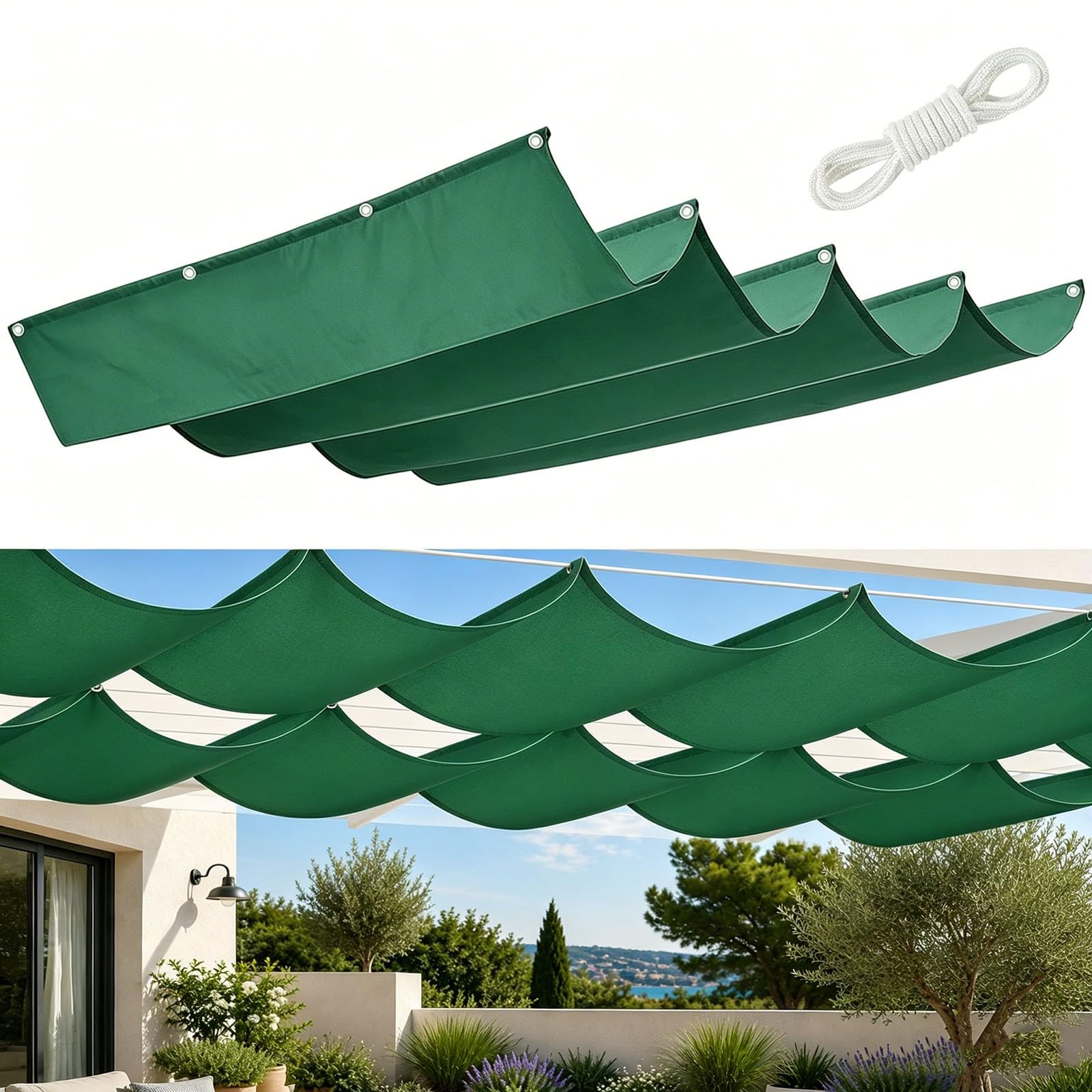 Voile d'ombrage vague vert pour repas sur la terrasse à l'abri du vent