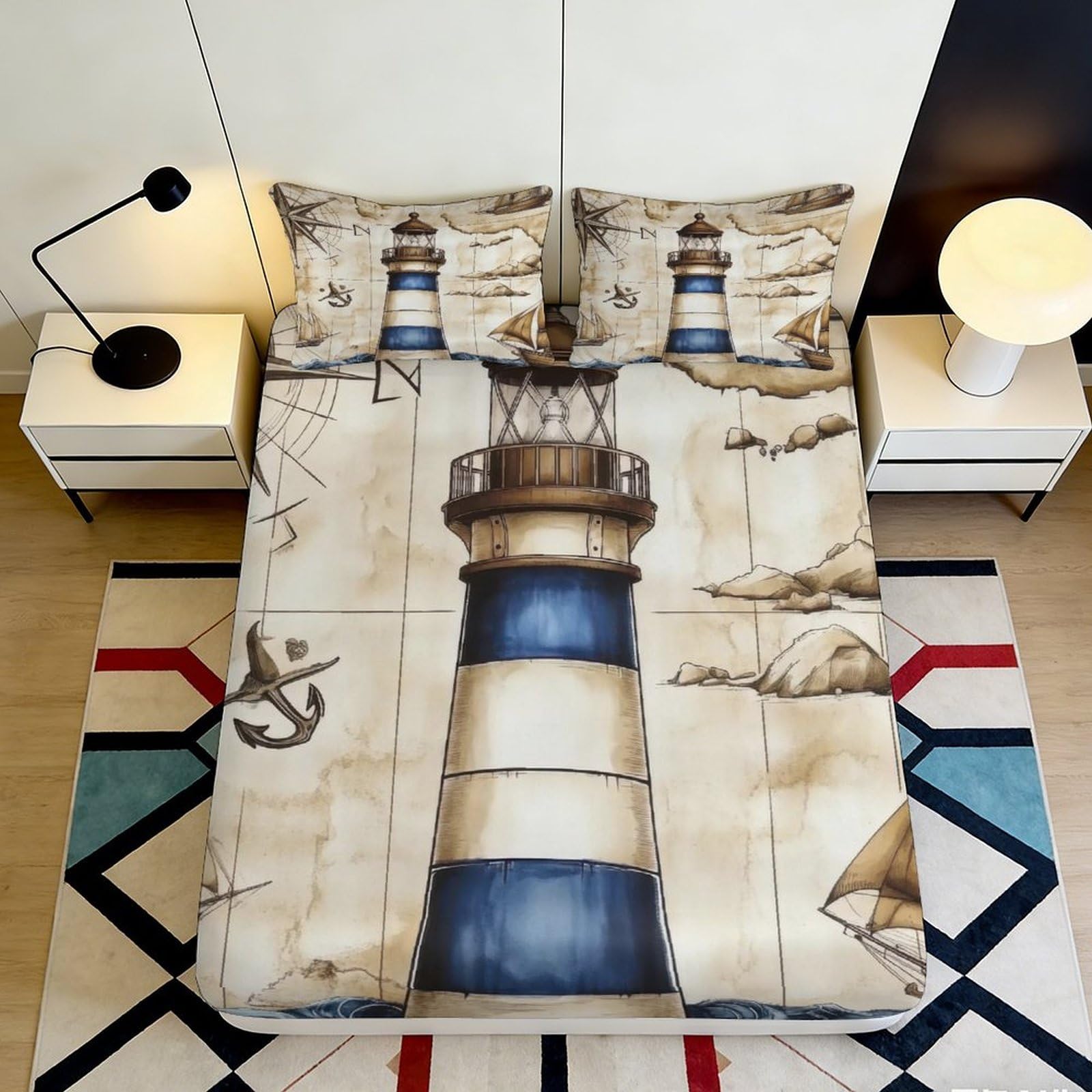 Oceanic Lighthouse 3D Printed Fitted Sheet Microfiber Deep Pocket Non-Slip Bedding for Adults Nautical Mattress Fitted Cover Bedroom Decor Washable 200x200x25cm 90x200x25cm