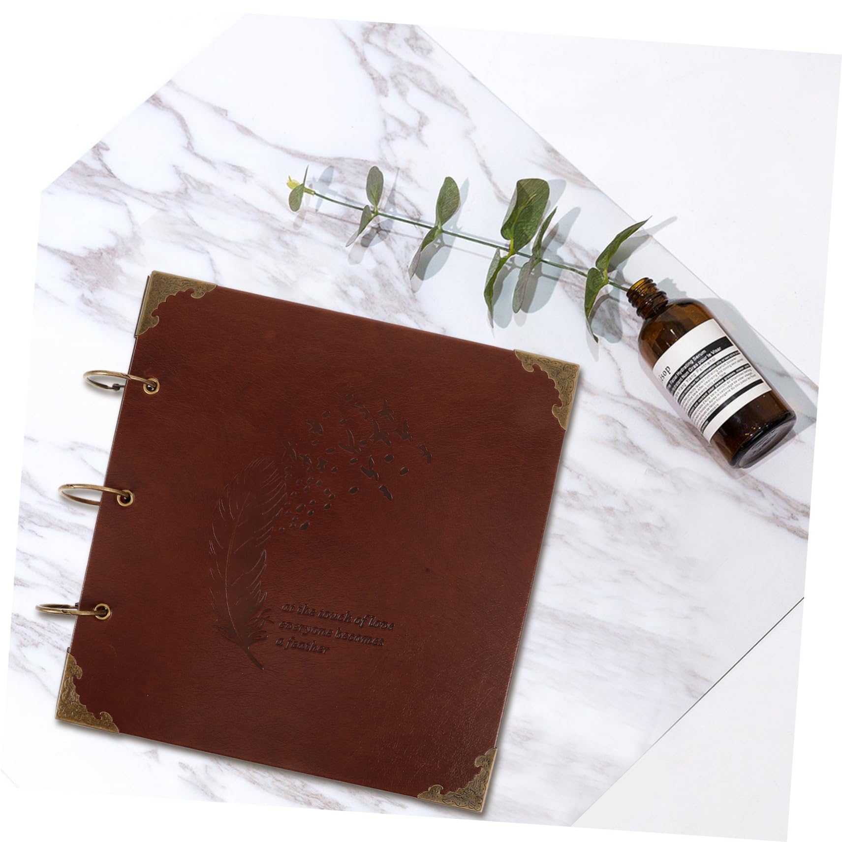 ULTECHNOVO Álbum de Fotos Diy de PU Scrapbook Retro con Anillas Album de Recuerdos Personalizable para Marrón Pluma
