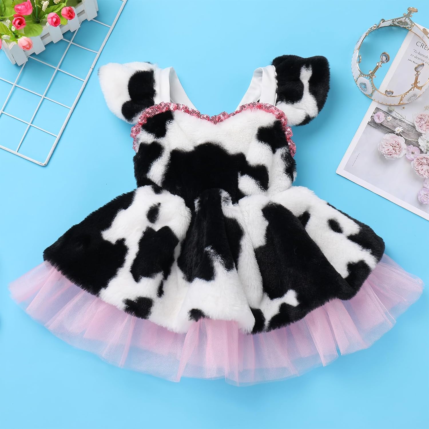 IMEKIS Baby Girl Dalmatian Cow Costume Halloween Cosplay Outfit Toddler Winter Fur Tutu Dress Headband Cake Smash Photo Shoot