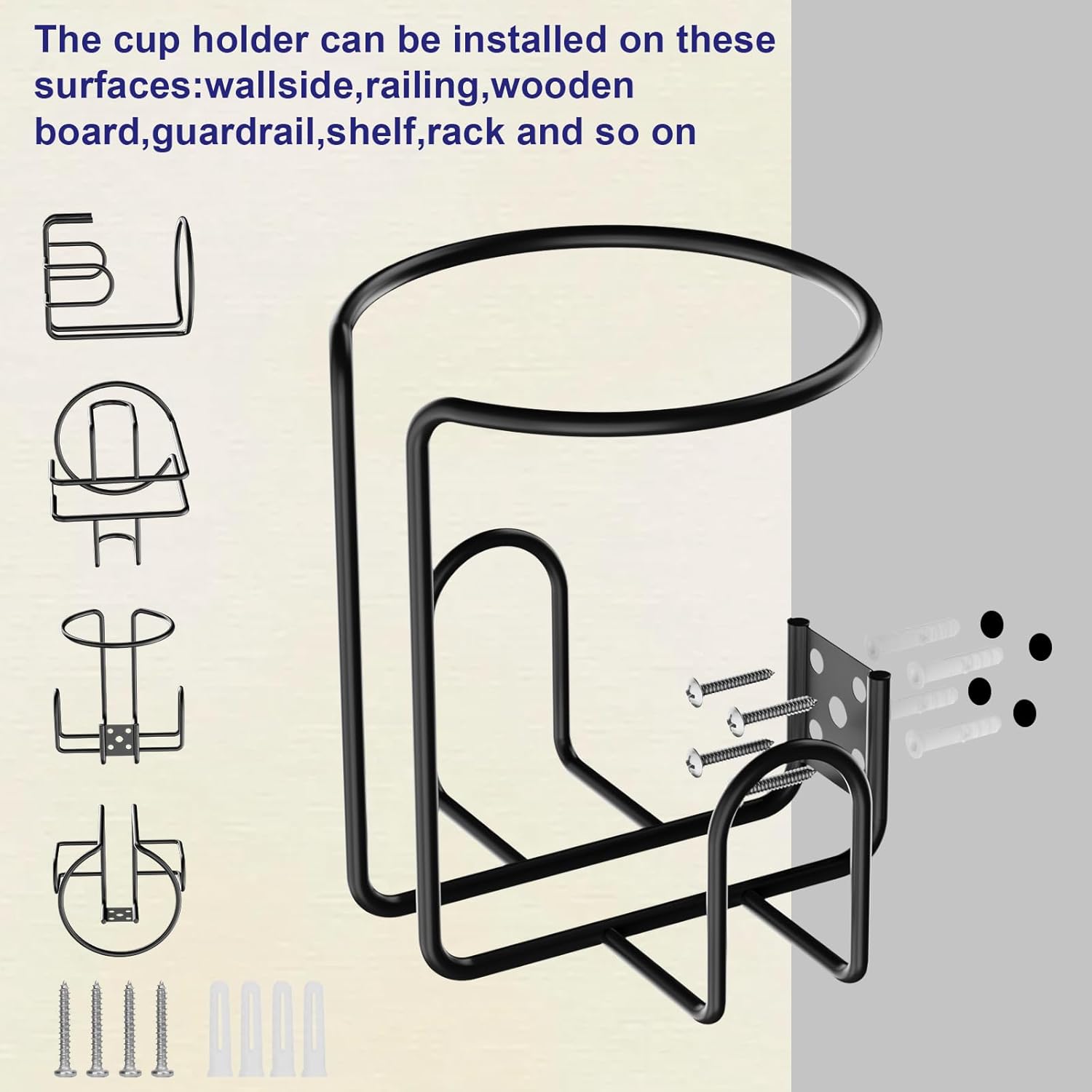 Wall Mount Cup Holder,Stainless Steel Universal Drilling Hole Drinking Holder,Coating Ring Bottle Mug Cans Holder for Wallside/Railing/Board/Guardrail/Shelf/Rack, 2 Pack Black - Image 7