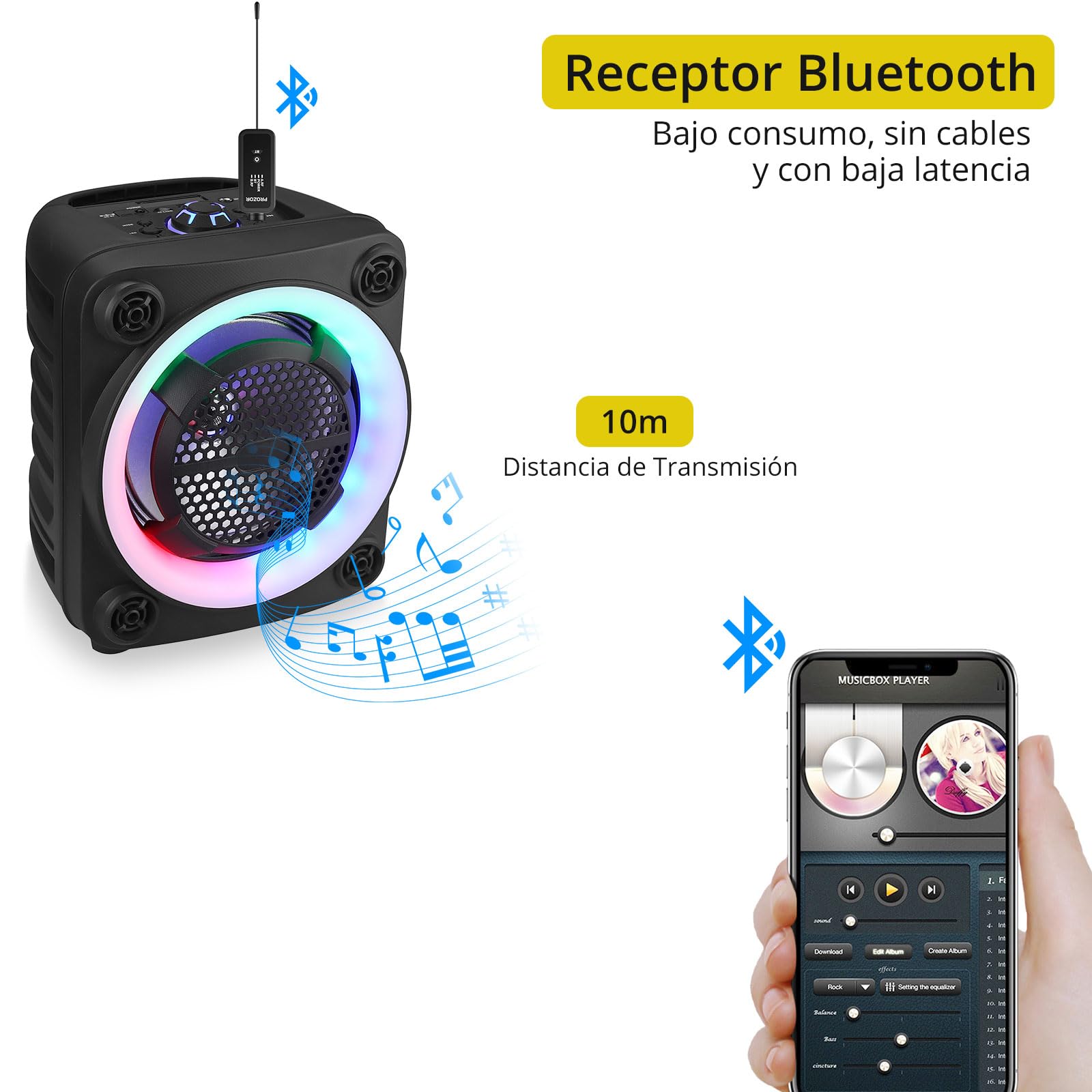 PROZOR Micrófono Inalámbrico UHF con Control de Eco de Graves Agudos de Volumen, Micrófono Karaoke Recargable Sistema de Micrófono Dinámico de Mano Dual con Receptor Recargable para Karaoke, DJ, Bodas