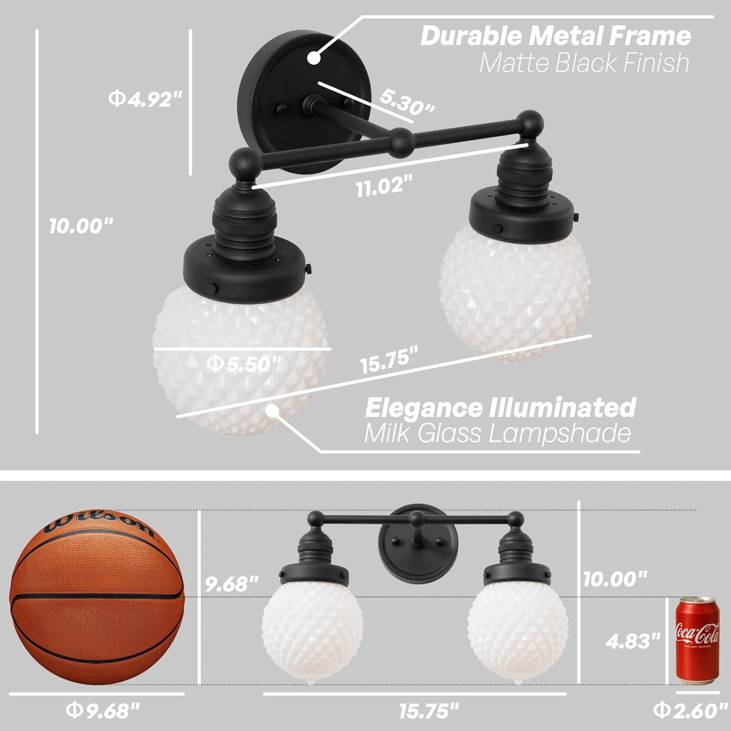 2-Light Vintage Wall Sconces Black Bathroom Vanity Light with Hand-Blown Milky White Glass Hardwire Double Sconce Wall Lighting for Bathroom Living Room Kitchen Hallway E26 Indoor
