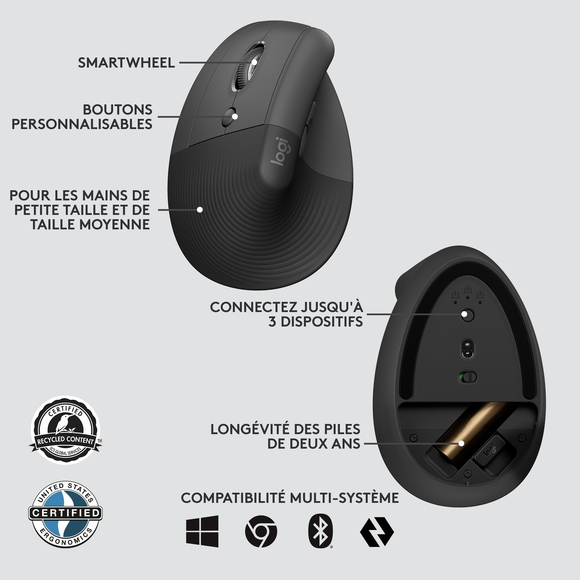 Logitech Lift for Business Gauche, Souris Ergonomique Verticale pour Main Gauche, sans Fil, Bluetooth ou Logi Bolt USB sécurisé, silencieuse, Windows/Mac/Chrome/Linux - Graphite Petit