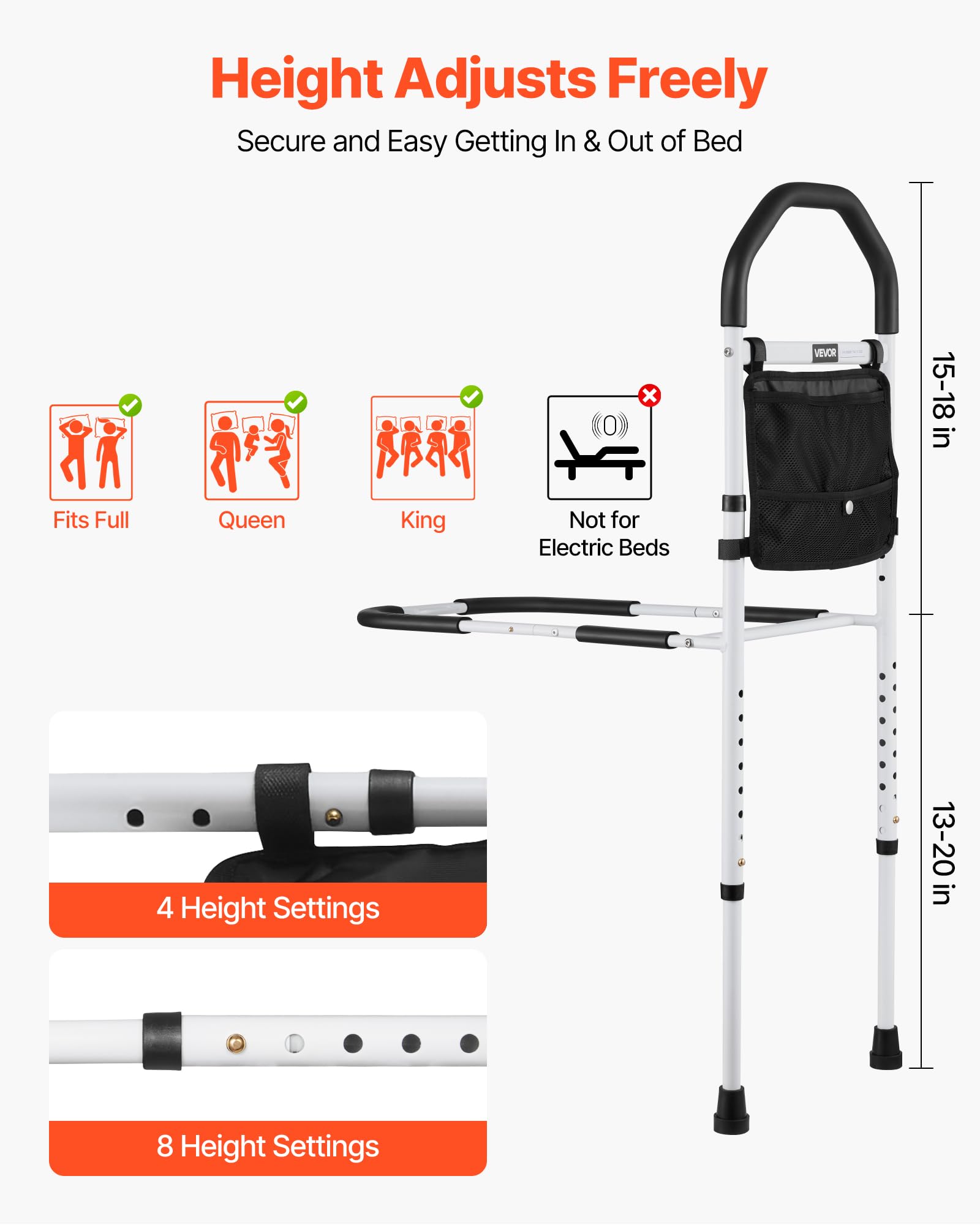 VEVOR Barrière de lit pour Personnes âgées, Barre d’Appui pour lit avec Pied de Support et Main Courante en PU, Hauteur réglable, Tube en Acier au Carbone, Rampe d'assistance de Chevet pour Patients