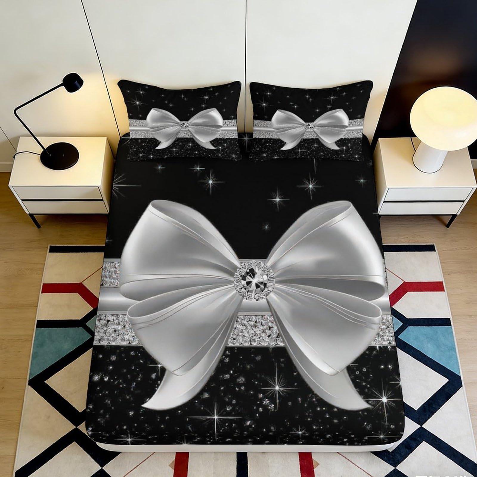 3D Printed Silver Bow Fitted Sheet Microfiber Soft Breathable Black Bow Mattress Cover for Bedroom Dormitory Guest Room Protection Decor 200x200x25cm