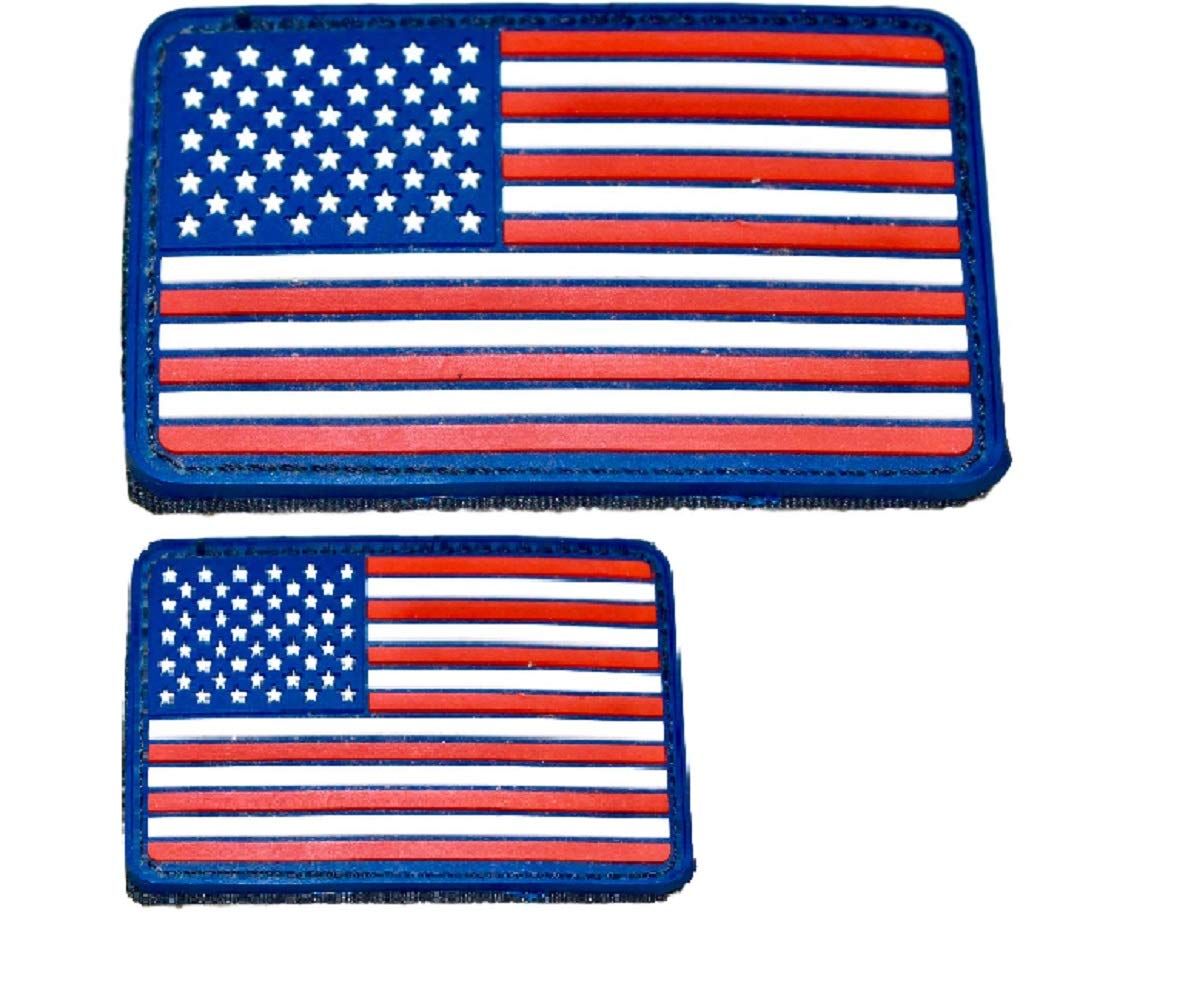 American Flag Morale Patch Two Pack - PVC Rubber Patches Show United States Pride Hook Loop RED White Blue OR Thin Blue LINE 2 X 3 INCH Plus Small 1.5 X 2.5 INCH Sizes (RWB)