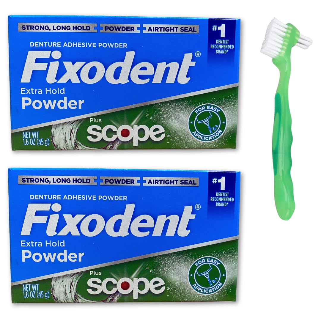 Fixodent Extra Hold Denture Adhesive Powder Pack of 2 with 1 Denture Brush (3 Items)