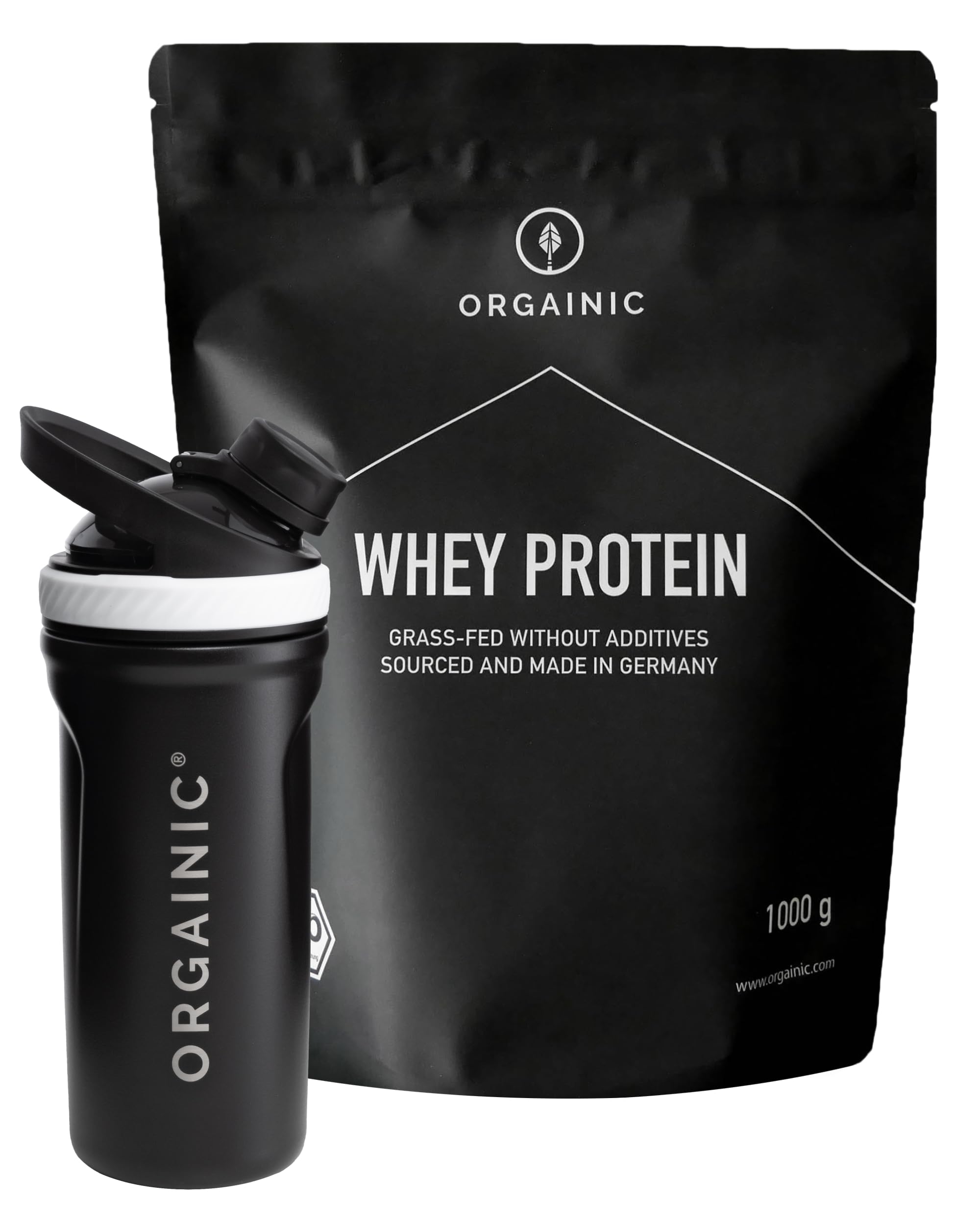 ORGAINIC Bio Vanille Whey Protein & Edelstahl Shaker - Bio Zertifiziert ohne Zusatzstoffe - Eiweißpulver aus Deutschland - Grasfütterung - 1000g