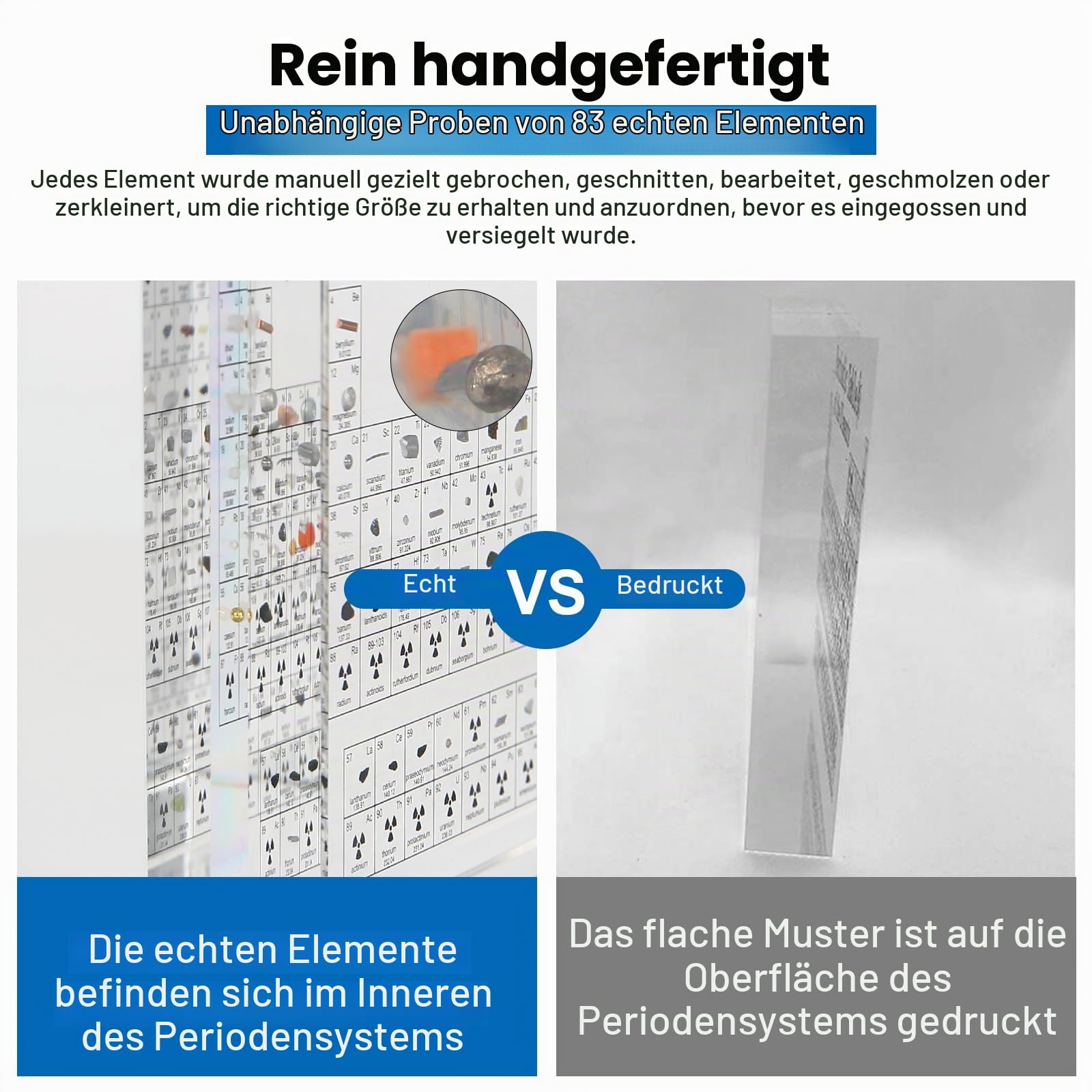 Periodensystem mit Echten Elementen im Inneren, Acryl Periodic Table of 83 Elementen, Proben Periodensystem Display Geschenk für Schüler Lehrer Kinder Studenten Handwerk Dekoration (Größer A)