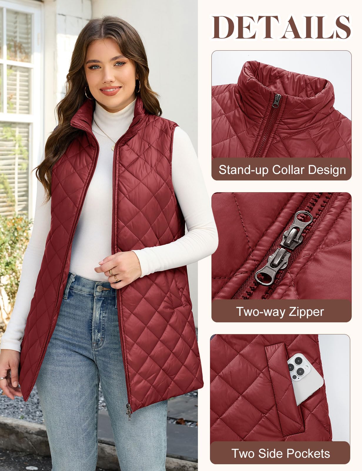 Yuson Girl Gilet Donna Senza Maniche Leggero Gilet Trapuntato di Mezza Stagione Primavera Autunno Collo Alto Smanicato Casual Waistcoat Cerniera con Tasche