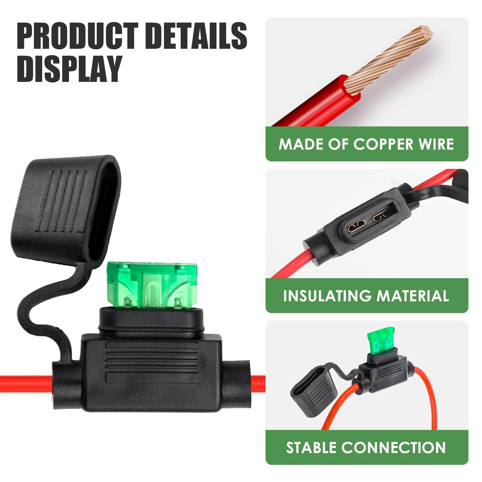 Inline Fuse Holder, 12 AWG Waterproof Blade Fuse Holders with Caps, Includes 30A Fuses, Copper Wire, Ideal for Car Truck - Image 3