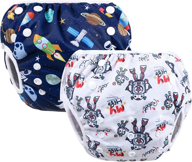 Vicloon Reusable Swimming Nappy, 2 Packs Baby Swim Nappy Comfortable Swim Nappies, Adjustable Size Washable Nappy for Swimming Lessons/Holiday 0-3 Years Old (Universe/Robot)