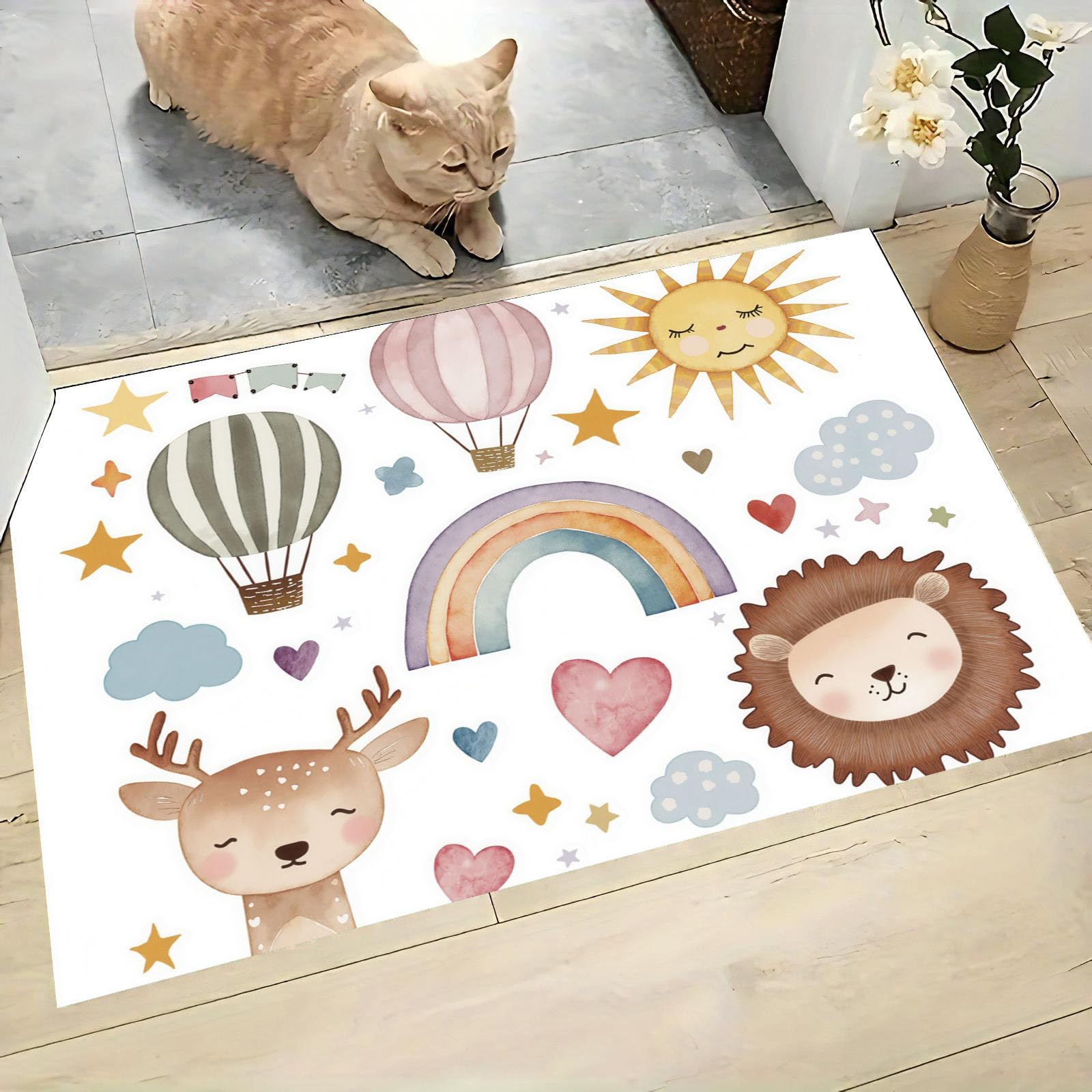 Felpudo de Bienvenida con Ciervo del Sol, León, 80x120cm Felpudo Entrada Casa Animales Progenitores Antideslizante Alfombra Pasillo de Perfil Bajo para Debajo de la Puerta, Blanco