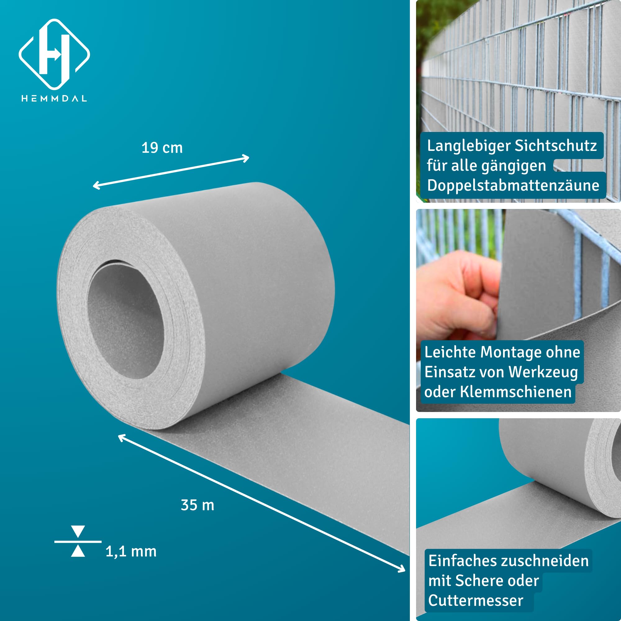 HEMMDAL Premium Sichtschutzstreifen | 35 m Zaunfolie | 1,1 mm Stärke | Montage ohne Hilfsmittel | hochwertiges Polypropylen | formstabil | wasserfest | 5 Jahre UV-beständig | Hellgrau | Made in EU